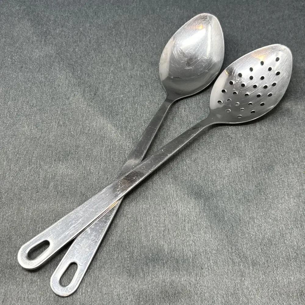 2pc Wolfgang Puck Cafe Collection Stainless Steel Serving Spoons Solid Slotted